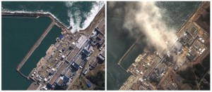 Jaderná elektrárna Fukušima vlevo na snímku z roku 2009 a vpravo